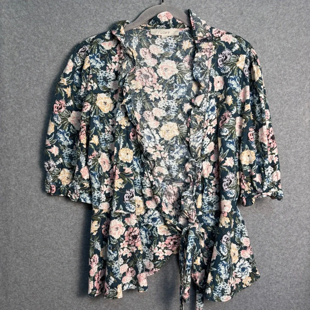 LOFT Linen Blend Floral Wrap Blouse Small Cottagecore Romantic Ruffle Tie Top